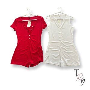 Bundle of 2 Ribbed Henley Lounge Pajamas PJ Casual Bodysuit Romper NWT Size M